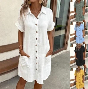 Womens Short Sleeve Shirts Dress Women Button Casual Summer Beach Sundress New - Picture 1 of 30