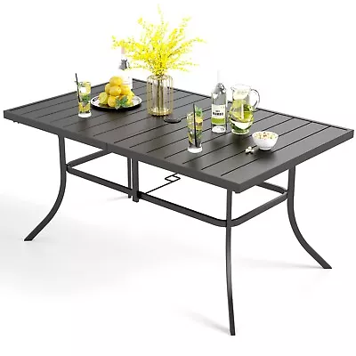 PHI VILLA Patio Dining Table with Umbrella Hole Rectangular Outdoor Table for 6 Person