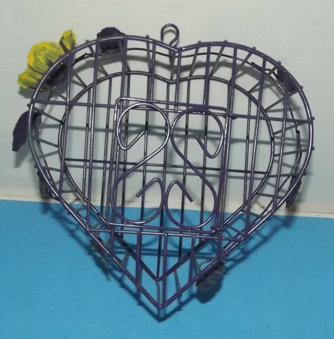 Wire Metal Heart Shaped Hanging Birdcage  Purple w Leaves & Yellow Flowers 7"x8" Cover