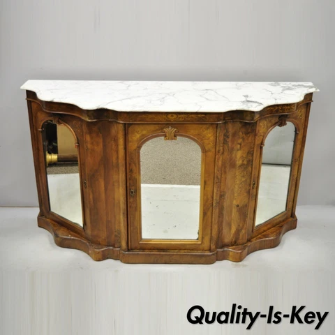 Antique Victorian Burr Wood Walnut Serpentine Marble Top Sideboard Credenza Cover