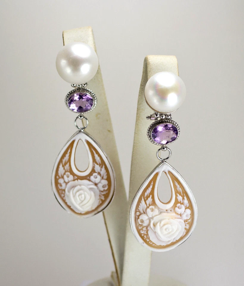 ORECCHINI IN ARGENTO 925 CON PERLE AMETISTA E CAMMEO SARDONICO FIORI AGHT 0624 - Immagine 1 di 3