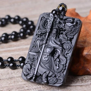 Natürlicher schwarzer Obsidian "Guan Yu" Guangong Amulett Anhänger mit Perlen Halskette - Bild 1 von 4