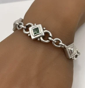 Vtg Seidengang Sterling Silver Green Topaz Mid Century Modern Link Bracelet 7.5” - Picture 1 of 7