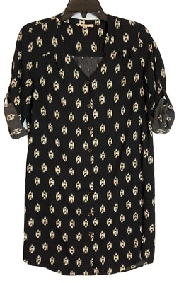 41Hawthorn Negro Estampado Geométrico Botón Frontal Camisa Vestido Talla XS Boho Suroeste Foto 1 de 4
