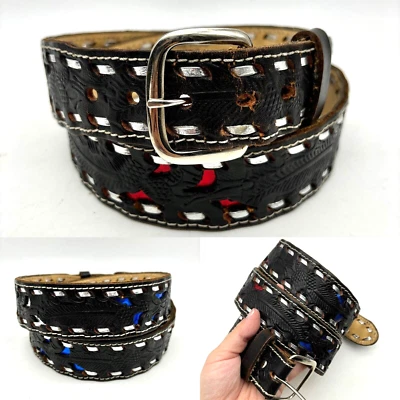 Cinturón vintage Cowtown Belt Inc hoja negra bellota cuero con incrustaciones metálicas 38 Foto 1 de 4