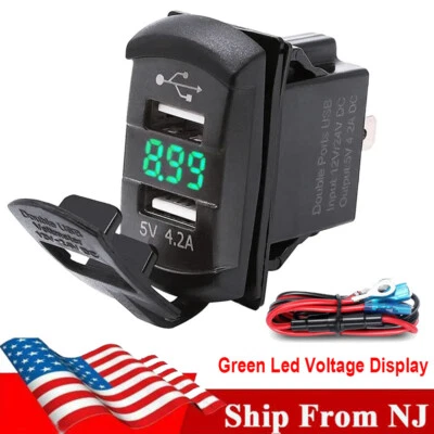 Dual USB 5V 4.2A Car Charger Socket Green Led Light Voltage Display Waterprooff - Image 1 of 4