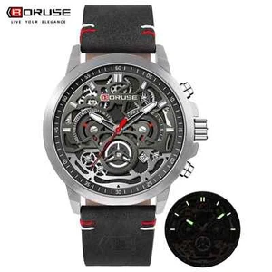 BORUSE Quartz Chronograph Watches for Men Leather Dive Analog Waterproof Watch - Picture 1 of 7