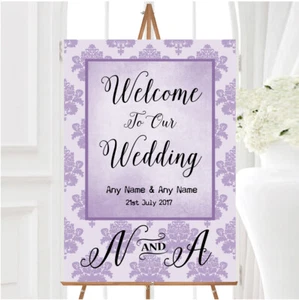 Vintage Damask Initials Lilac Purple Personalised Any Text Welcome Wedding Sign - Picture 1 of 1