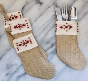 Bed Bath & Beyond Christmas Utensil Holders Set of 4 Gold w Red Beads Stockings - Picture 1 of 5