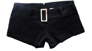 Y2K Lipstick Micro Mini Shorts M Black 29x2.5" inseam Low rise Big Buckle Belt - Picture 1 of 5