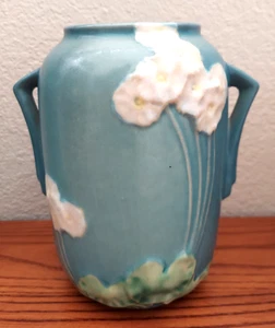 Roseville Primrose Pottery 2 Handled Vase Blue # 761-6" Turquoise Pink 6.5 in - Picture 1 of 8