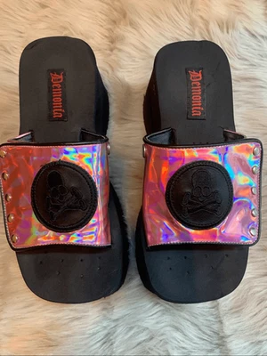 Demonia Black & Pink Chunky Platform Flip Flops Sandals Slides Punk Gothic Shoes - Image 1 of 4