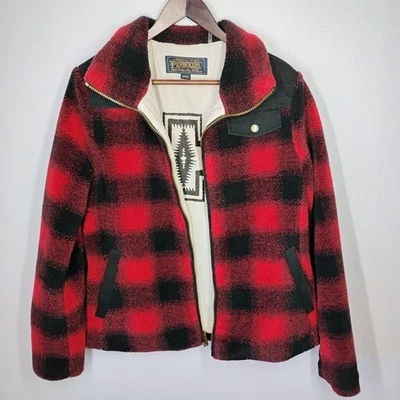Pendleton Camas Red Buffalo Check Fleece Jacket Women Medium Sherpa Field Jacket - Image 1 of 4