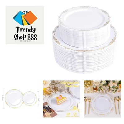 Placas desechables de plástico dorado de 100 piezas - Placas blancas y doradas de alta resistencia incluidas... Foto 1 de 4