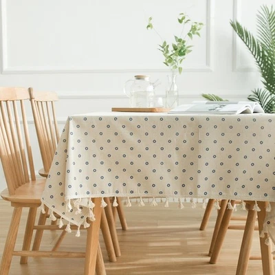 Blue Daisy Print Tablecloth with Polyester Cotton and Fringe Detailing - Image 1 of 4