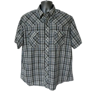 Wrangler Snap Shirt Gray Blue Plaid Western Fashion Mother of Pearl Mens Size XL - Picture 1 of 10