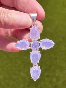Opalite Crystal Sterling Silver Cross 2.5” Pendant - Picture 1 of 6