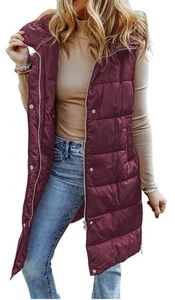 Evaless Longline Puffer Vest Womens Small Knee Length Hooded Quilted Maroon - Picture 1 of 12