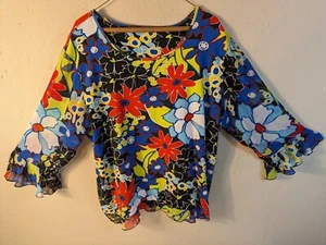 Handmade Womens Plus 1X Oversized Floral Peblum Top Boat Neck Sheer Hem/Sleeves - Picture 1 of 16