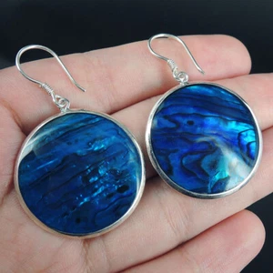 925 Sterling Silver Medium Size Blue Paua Abalone Shell Earrings Jewellery - Picture 1 of 3