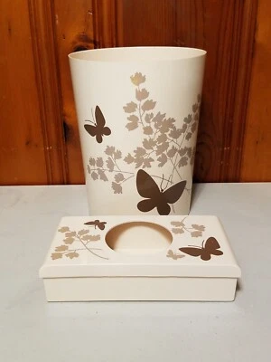 Juego de papelera y caja de pañuelos Lucite Aqua Ware de colección con mariposas marrones de Dupont Foto 1 de 4
