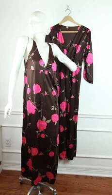 FLAW Vintage XS S Lorraine Peignoir Set Robe Gown Brown Pink Rose Hippy 60s 70s - Image 1 of 4