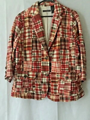 Liz Claiborne XL 红色米色棕色格子棉夹克衬里 3/4 袖 2 纽扣 — 第 1/4 张图片