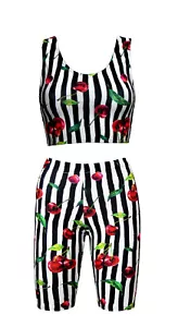Cereza Cuadros Monocromo Rayas Cerezas Vintage Top Corto Cycle Shorts Set - Imagen 1 de 3