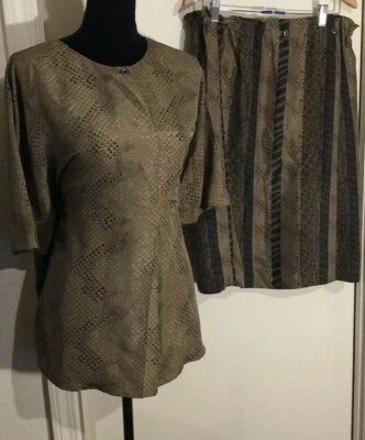 WOMEN'S JACQUELINE FERRAR 100% SILK SKIRT SUIT SET LARGE BEIGE BROWN - Image 1 of 4