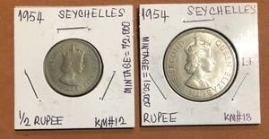 1954 Seychelles 1/2,1 Rupee Set Of 2 HIGH GRADE  Coins-Mintage-72,000 & 150,000 - Picture 1 of 6