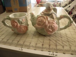 Avon CHERUB Teapot w/Lid & A MATCHING Cup Blonde Hair Roses Floral Pink - Picture 1 of 5