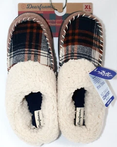 DEARFOAMS Men's Chestnut Moccasin Slipper Shoe XL 11-12 Brown Blue Plaid D30919 - Picture 1 of 7