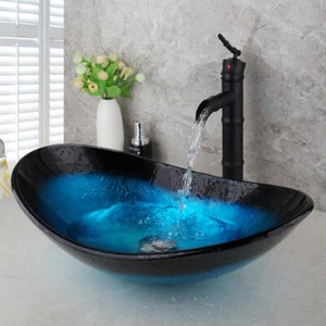 UK Bathroom Countertop Blue Tempered Glass Wash Basin/Sink + Mixer Tap Faucet - Picture 1 of 8