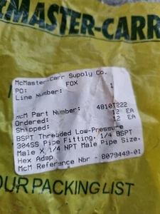 MCMASTER-CARR 4810T222 304SS 1/4 BSPT MALE FITTING 12/PK (IN37S3B2) - Picture 1 of 2