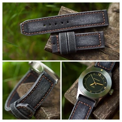 Correa de reloj de lona enrollada hecha a mano negra envejecida de 24 mm lista para usar *pagada en EE. UU. Foto 1 de 4