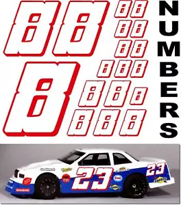 WHITE w/RED (#8's) Racing Numbers Decal Sticker Sheet 1/8-1/10-1/12 RC NISSANKIA - Picture 1 of 6
