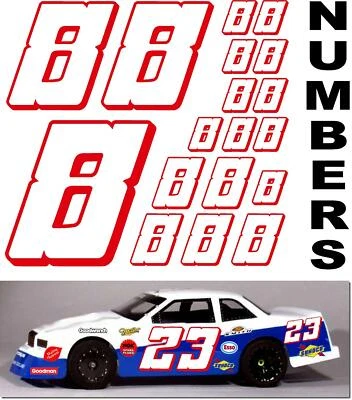 WHITE w/RED (#8's) Racing Numbers Decal Sticker Sheet 1/8-1/10-1/12 HBRACING HPI - Image 1 of 4