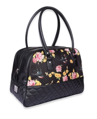 LIQUORBRAND BLACK SPARROWS PINK ROSES POLKA DOT HANDBAG OVERNIGHT BAG ROCKABILLY - Image 1 of 2