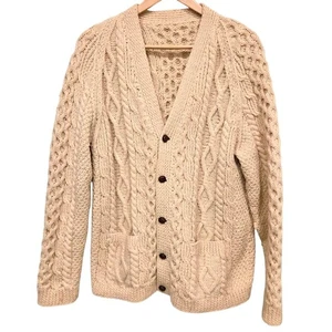 Vintage Wolle Zopfmuster Cardigan Pullover Unisex Herbst Fischer Opa Eklektisch - Bild 1 von 9