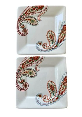 2 Tabletops Gallery Square Dinner Plates Multi Paisley Hand Painted Pair 10.75” - Image 1 of 2