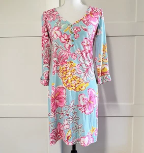 LILLY PULITZER Palmetto Dress sz S Breakwater Blue 3/4 Sleeve Floral Pima Cotton - Picture 1 of 7