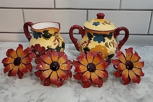 Oneida Küche Milchkännchen und Zucker Set * Sonnenuntergang Bouquet mit Sonnenblumen Serviettenringen - Bild 1 von 7