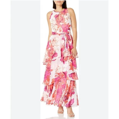 Maxi Vestido Floral Tahari Talla 4 Rosa Sin Mangas Fluido En Niveles Ocasión Especial Foto 1 de 4