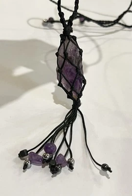 Collar Hecho a Mano Boho Amatista Áspero en Negro Cordón Trenzado Red Ajuste Longitud Foto 1 de 4