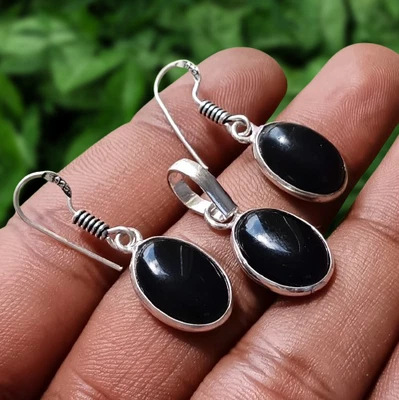 Venta Juego de pendientes colgantes de piedras preciosas de ónix negro enchapados en plata de ley 925 joyas Foto 1 de 4