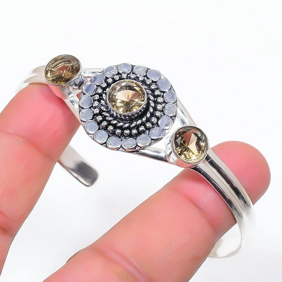 Smoky Quartz Gemstone 925 Sterling Silver Jewelry Adjustable Cuff Bracelet - Image 1 of 1