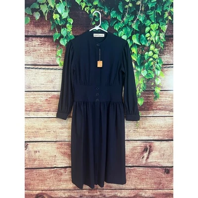 Vestido midi vintage *NUEVO CON ETIQUETAS* Adele Simpson 100 % lana azul marino detalle botones talla 6 Foto 1 de 4