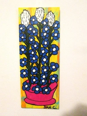 Outsider folk Art original Painting Blue Bonnet floral still life Flowers Dan C - Image 1 of 4
