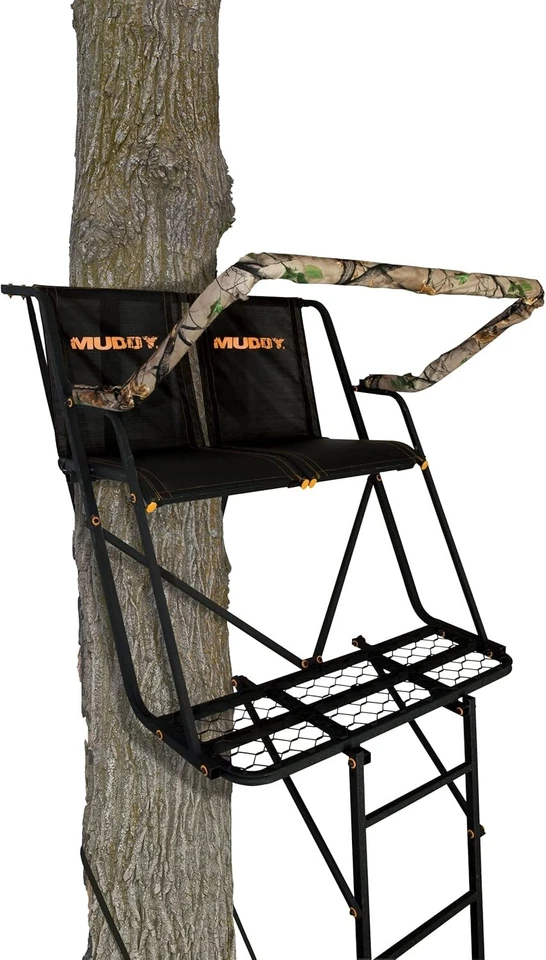 Soporte de escalera de caza Muddy Maxim 16' para 2 hombres | Asiento Flex-Tek y riel de tiro Foto 1 de 4
