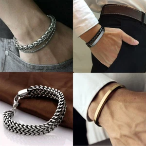 Mens Bracelet Leather Wristband Braided Stainless Silver layer Cuban Chain Women - Picture 1 of 42